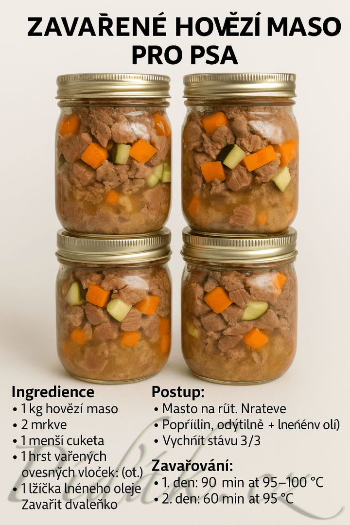 1. obrázek Zavařené maso pro psa - hovězí domácí konzerva 