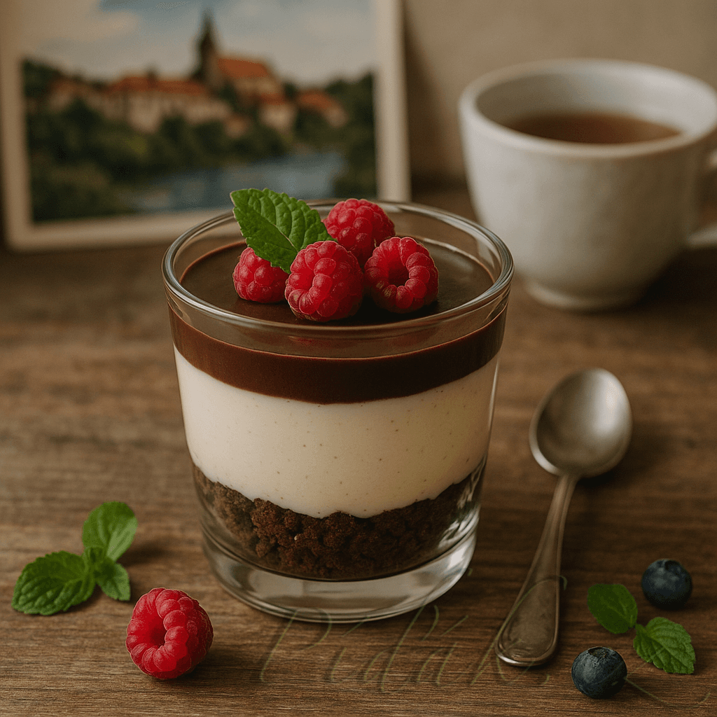 1. obrázek Tvarohový pohár s kakaovým korpusem a čokoládovým přelivem 