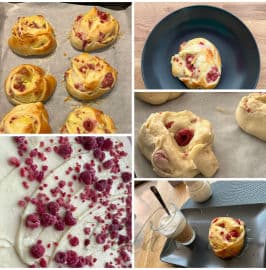 Obrázek Kynutí šneci s pudinkem, malinami a cukrovou polevou